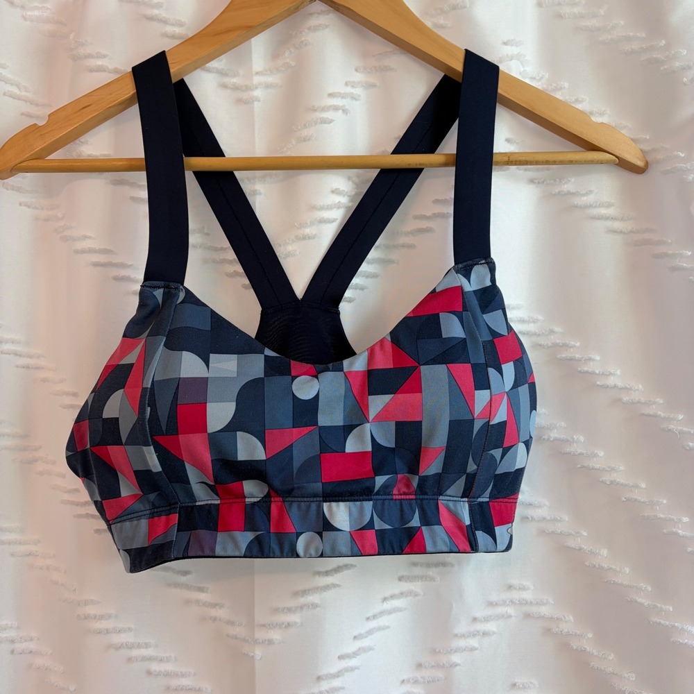 Brooks Womens High Impact Sports Bra Navy Pink Geometric Print Racerback Size M